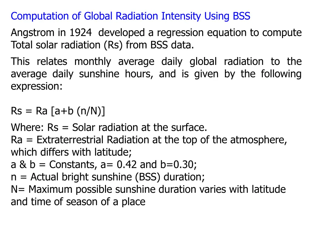 computation of global radiation intensity using