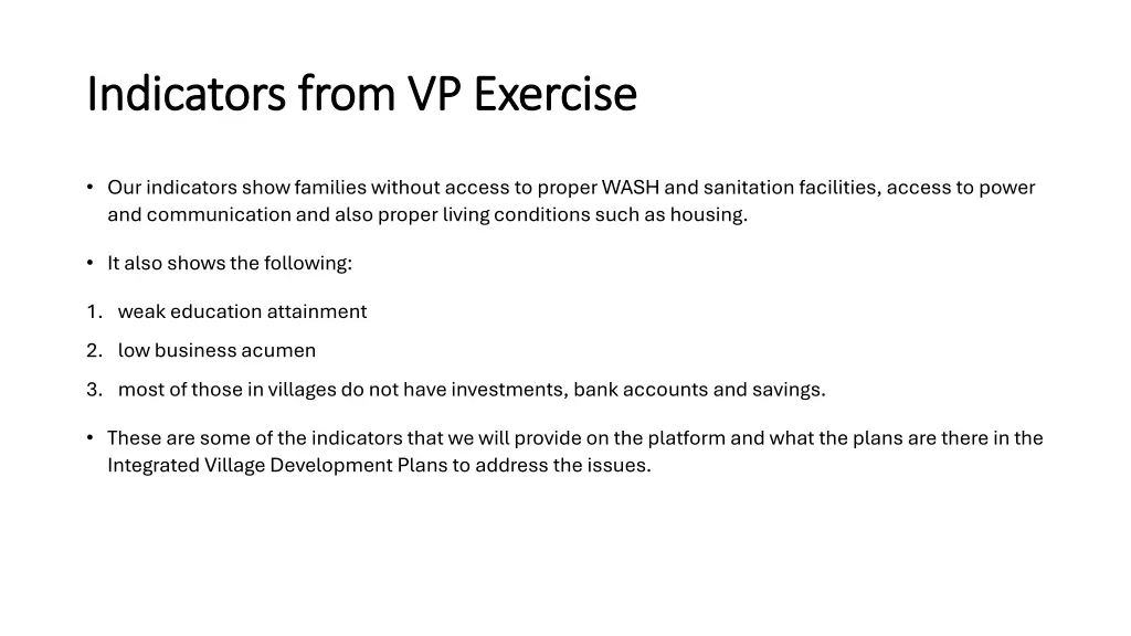 indicators from vp exercise indicators from