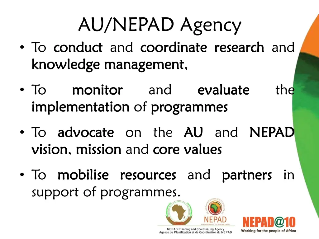 au nepad agency to conduct conduct and coordinate