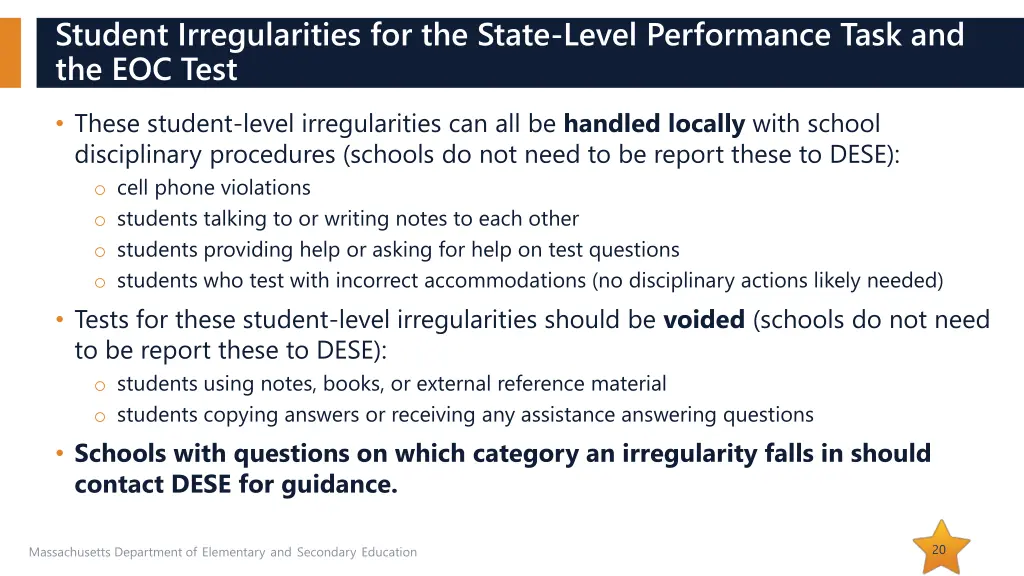 student irregularities for the state level