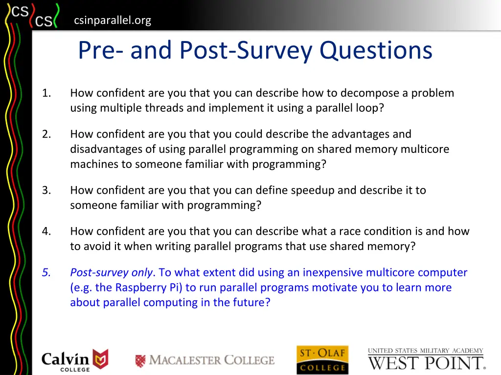 csinparallel org pre and post survey questions