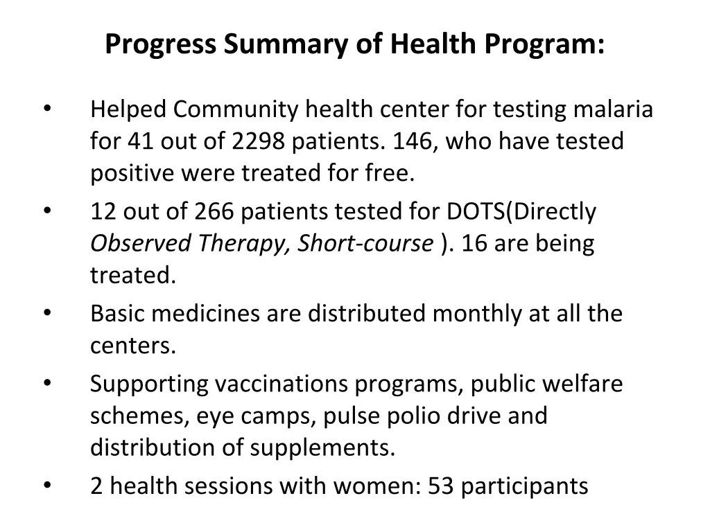 progress summary of health program
