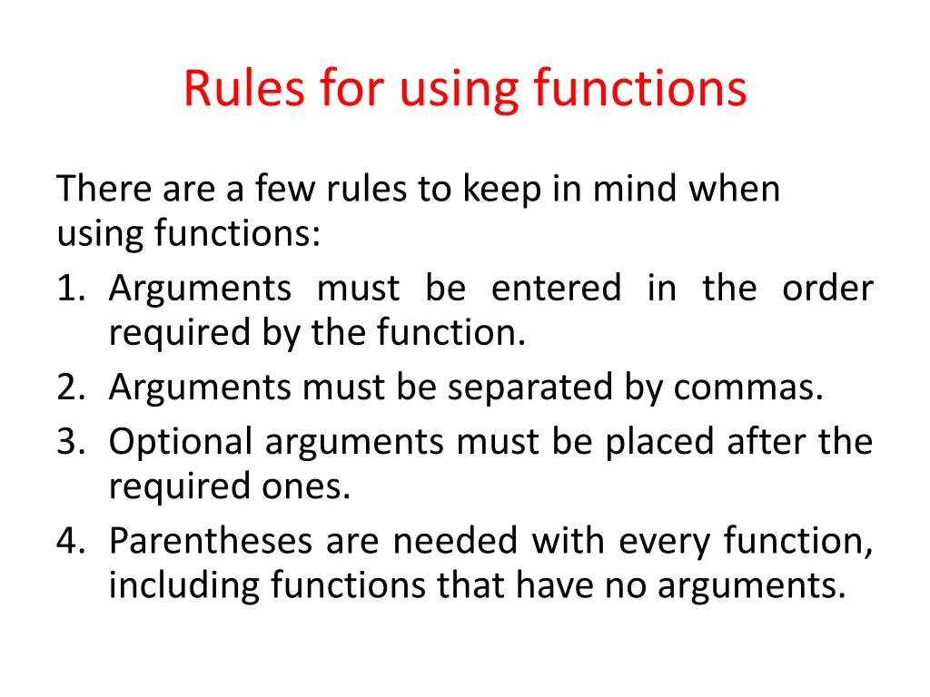 rules for using functions