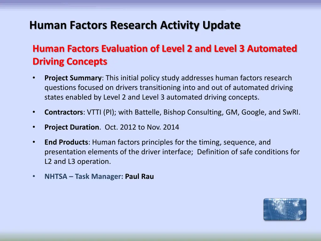 human factors research activity update