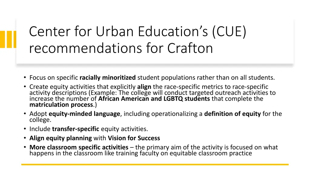 center for urban education s cue recommendations