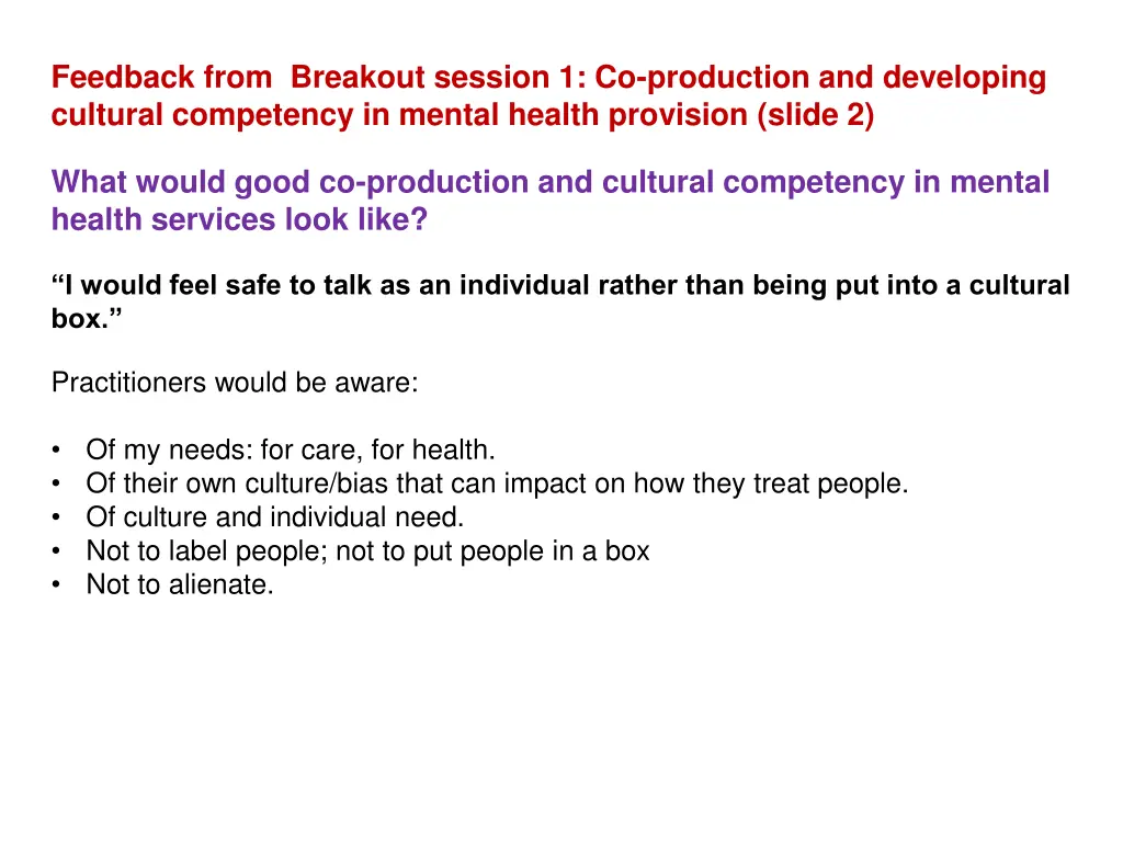 feedback from breakout session 1 co production 1