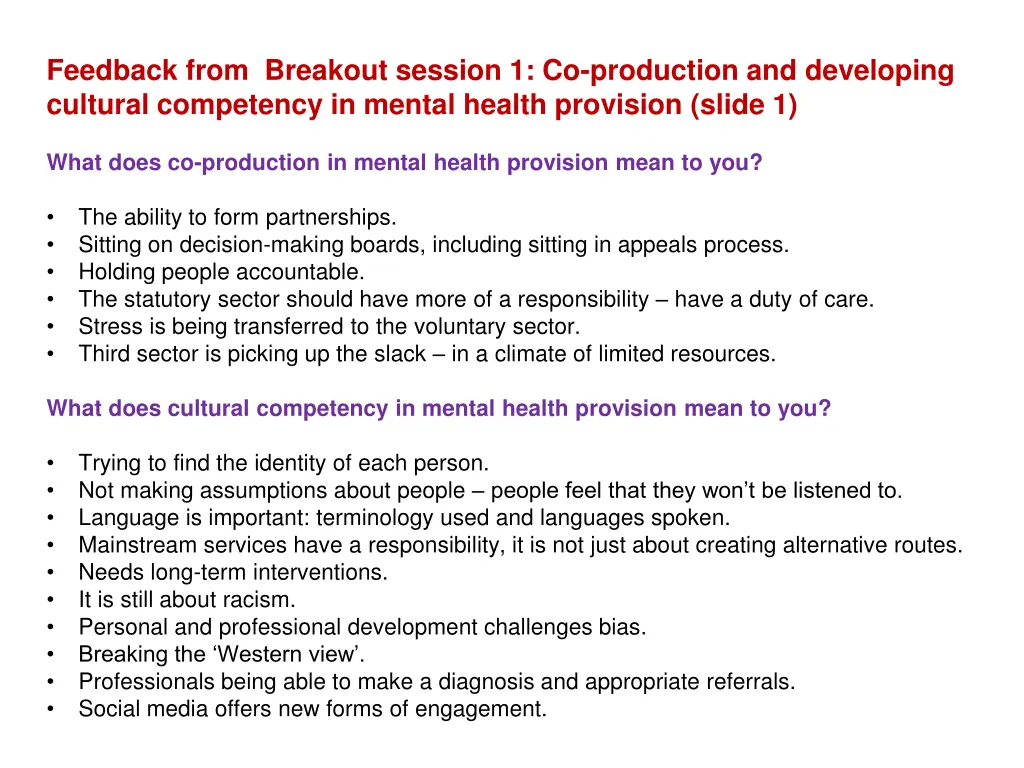 feedback from breakout session 1 co production