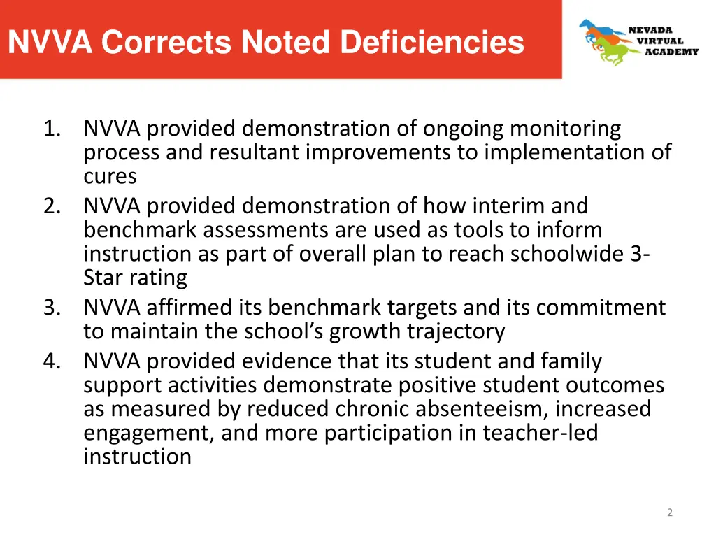 nvva corrects noted deficiencies