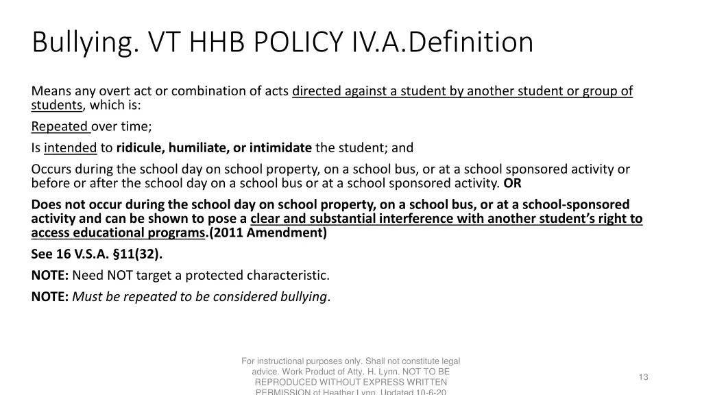 bullying vt hhb policy iv a definition