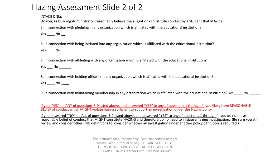 hazing assessment slide 2 of 2