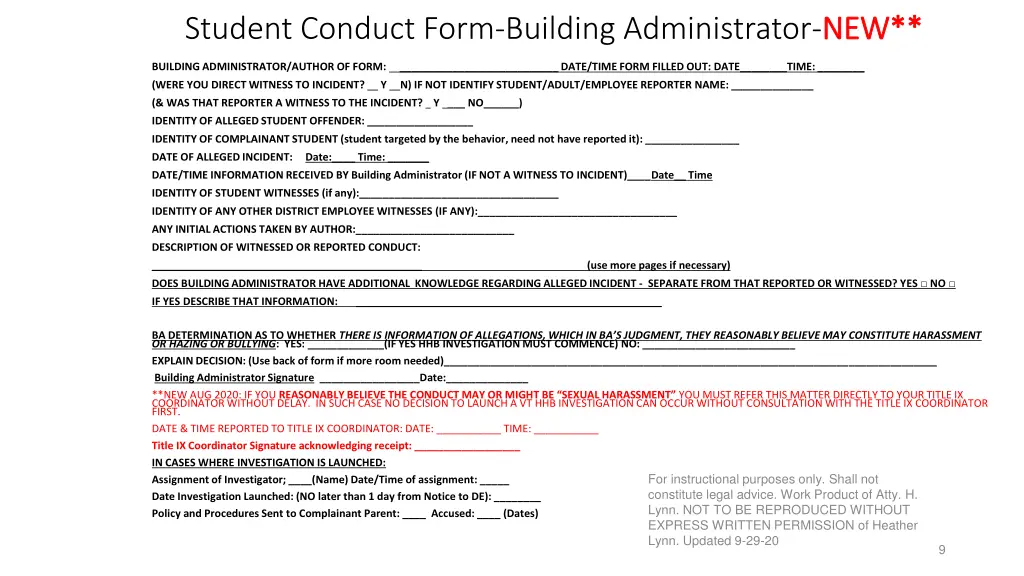student conduct form building administrator new