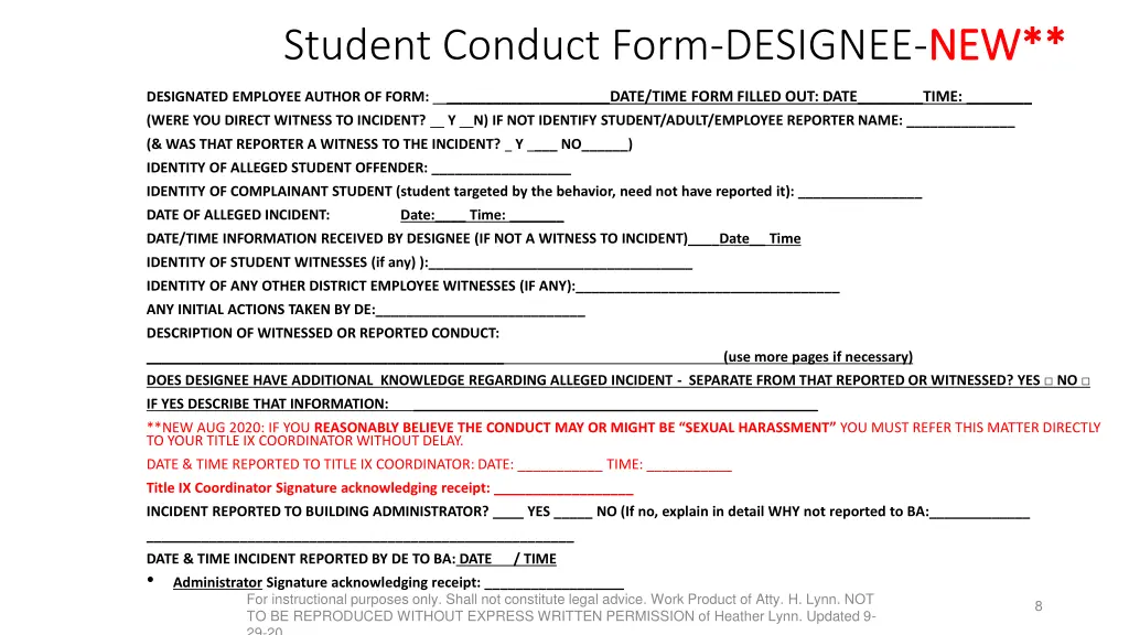 student conduct form designee new