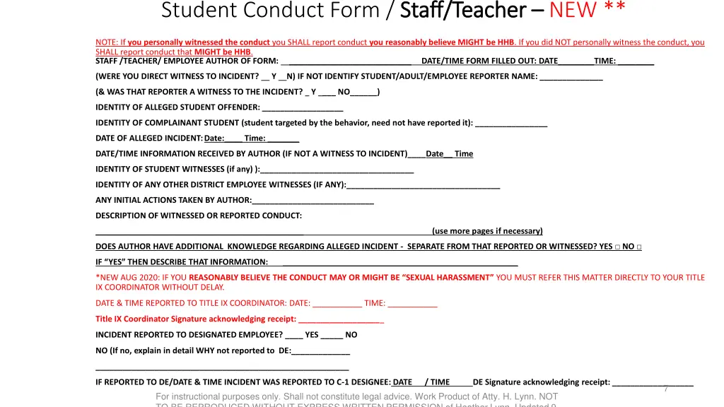 student conduct form staff teacher