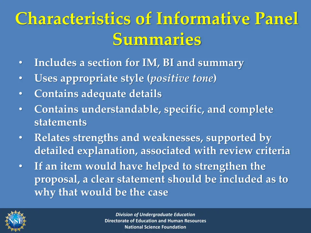 characteristics of informative panel summaries