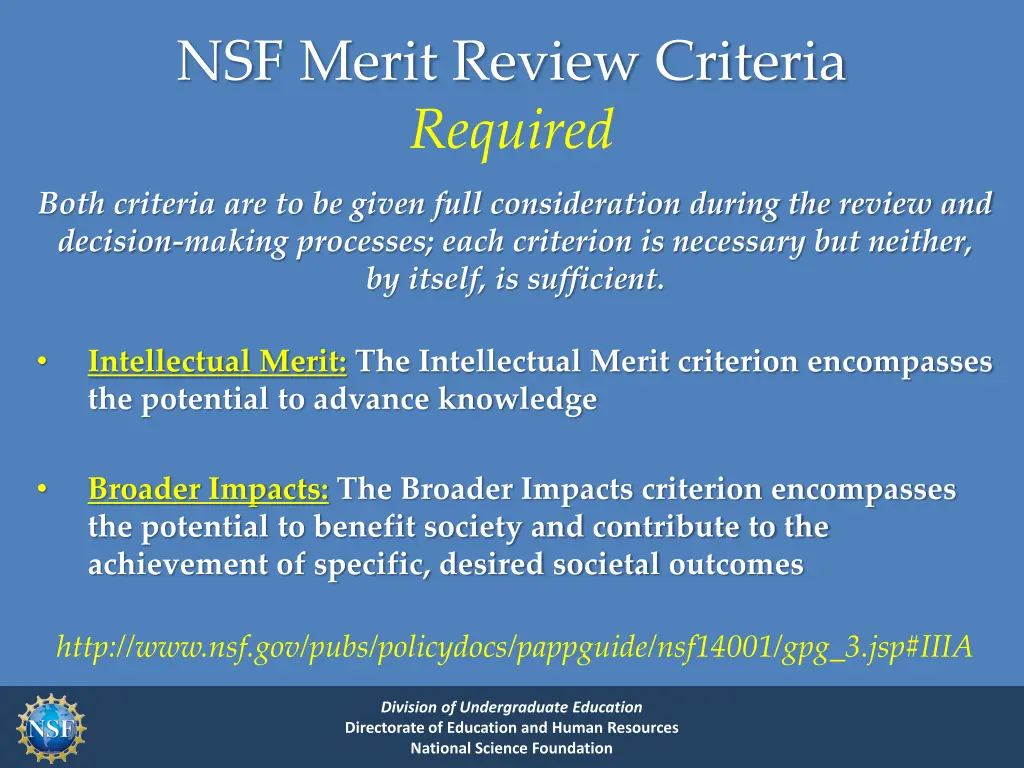 nsf merit review criteria required
