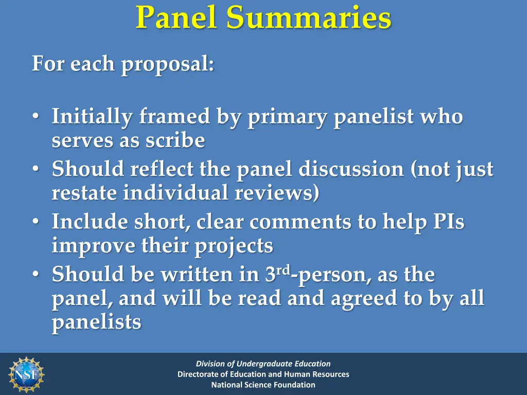 panel summaries