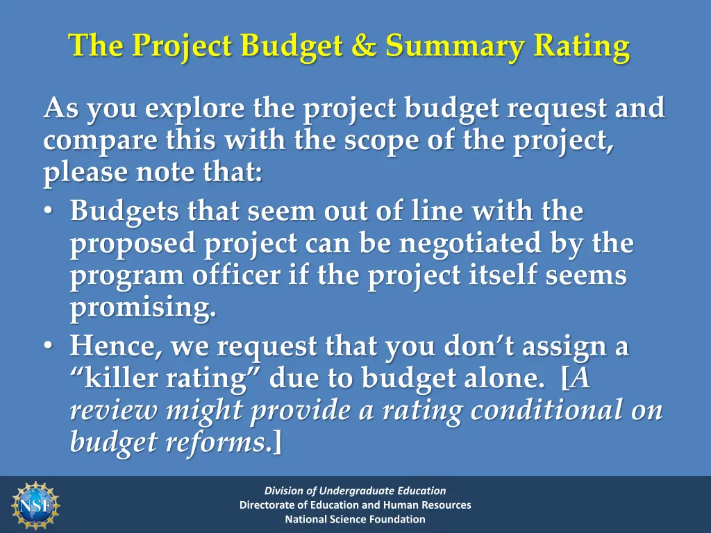 the project budget summary rating