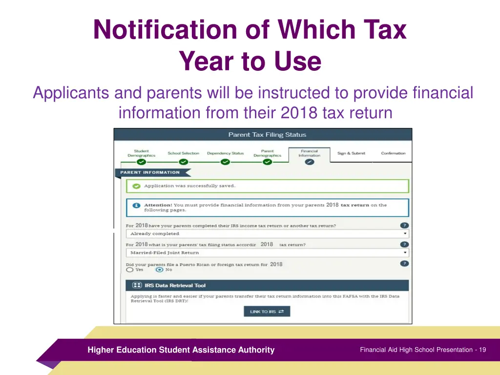 notification of which tax year to use applicants