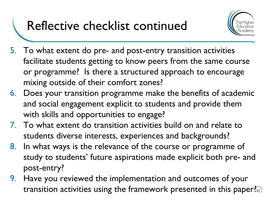 reflective checklist continued