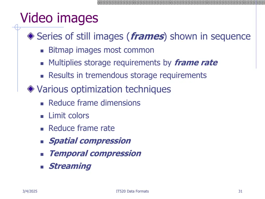 video images series of still images frames shown