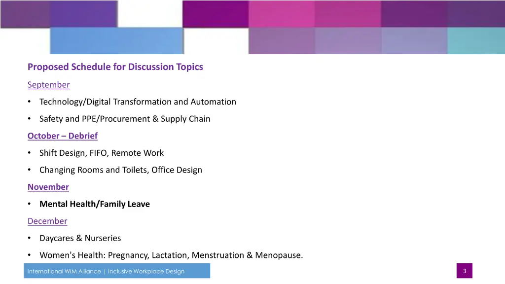 proposed schedule for discussion topics