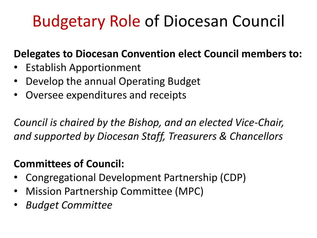 budgetary role of diocesan council
