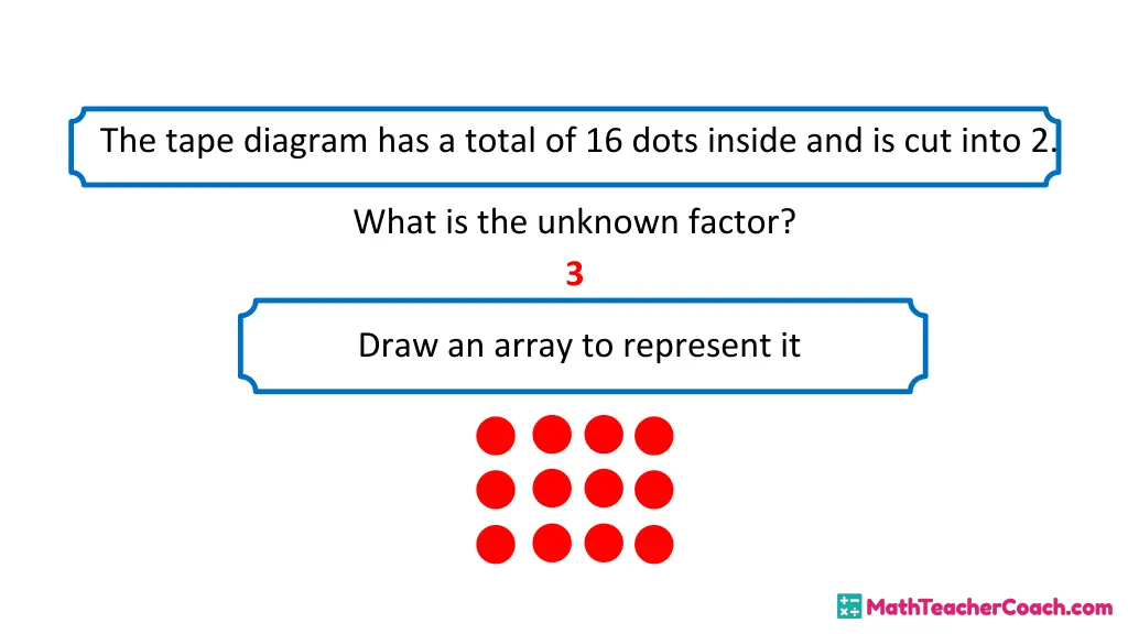 the tape diagram has a total of 16 dots inside