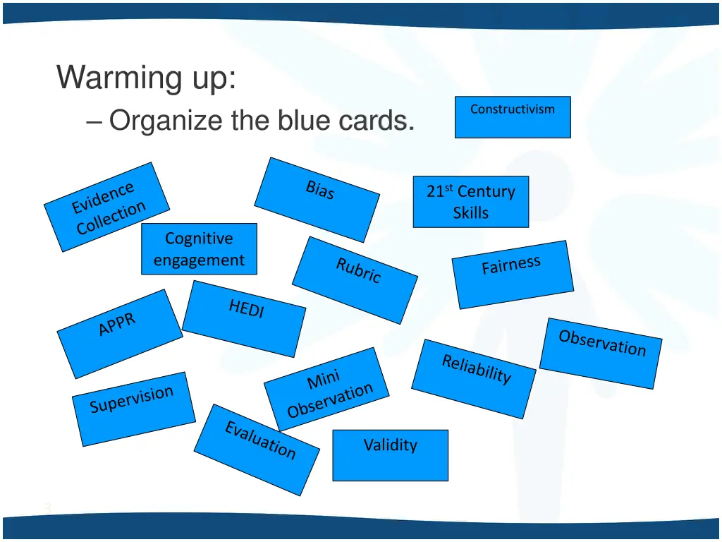 warming up organize the blue cards