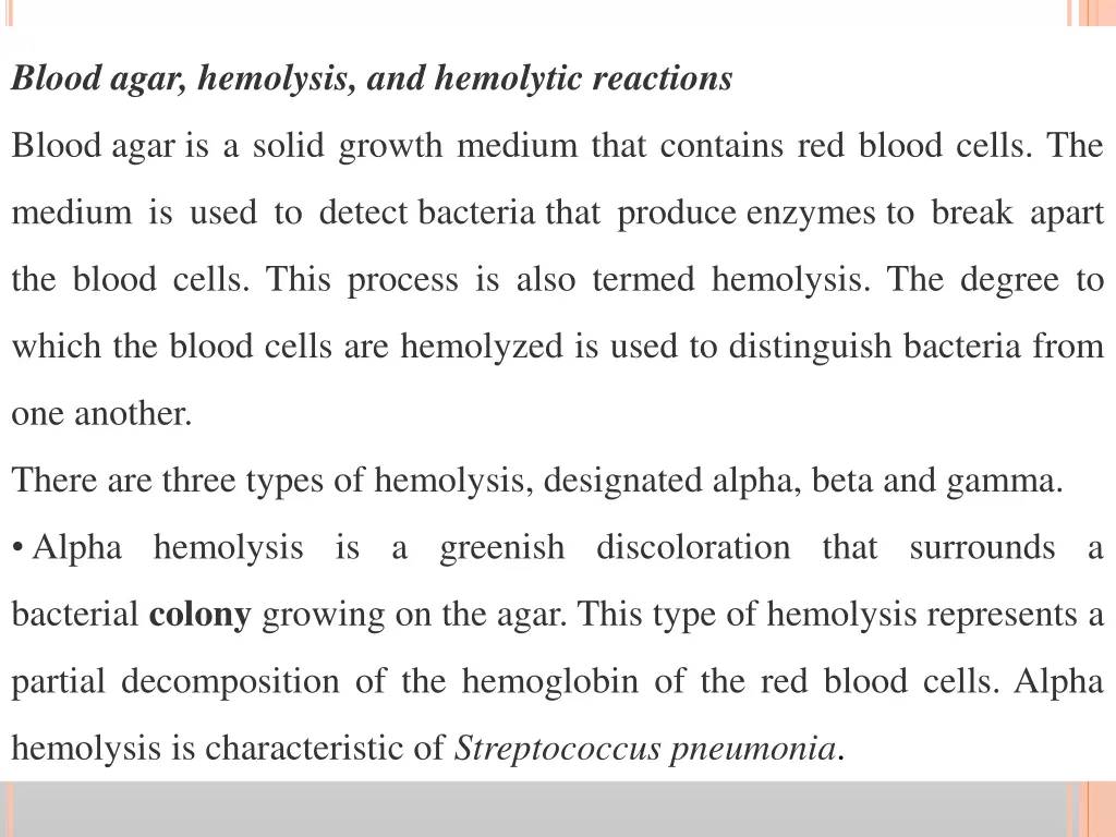 blood agar hemolysis and hemolytic reactions
