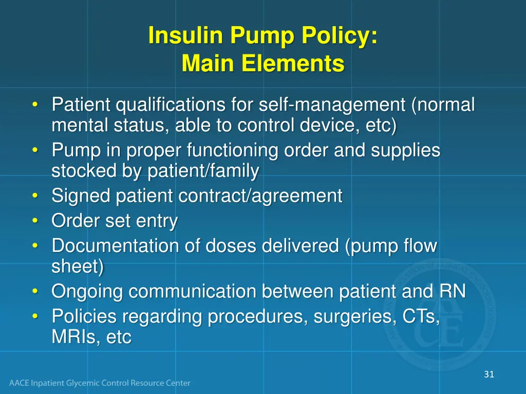 insulin pump policy main elements