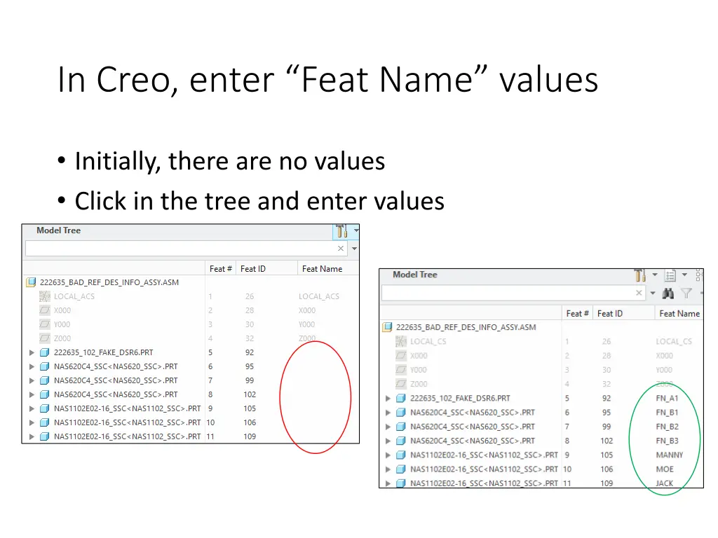 in creo enter feat name values