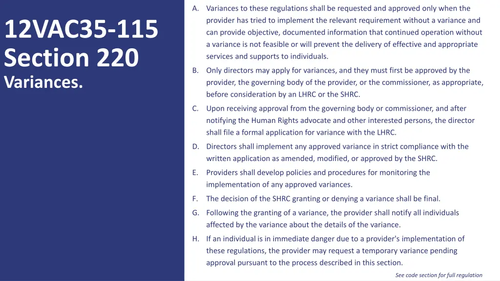 a variances to these regulations shall