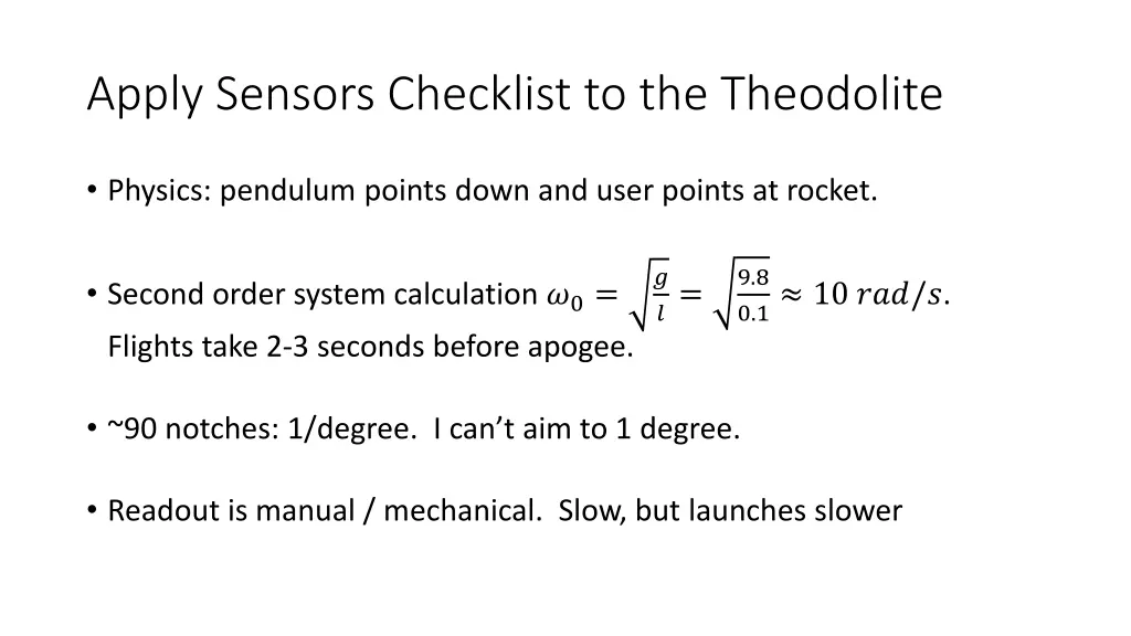 apply sensors checklist to the theodolite 1