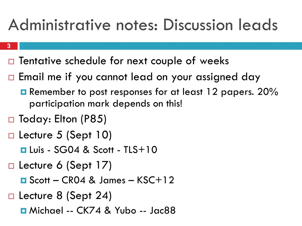 administrative notes discussion leads