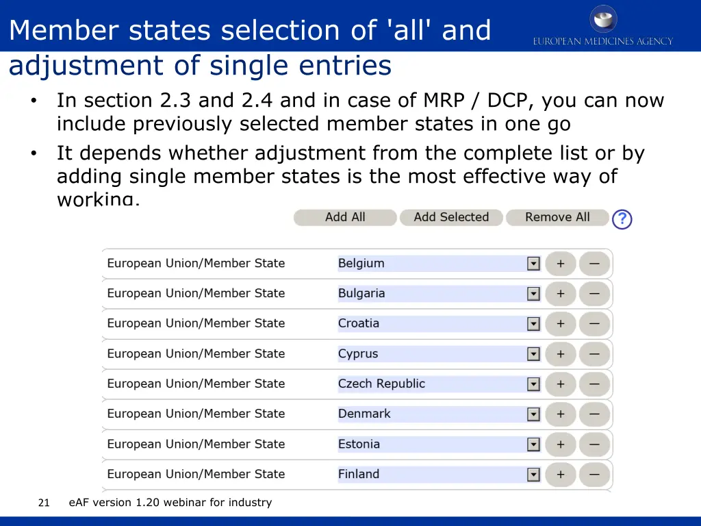 member states selection of all and adjustment