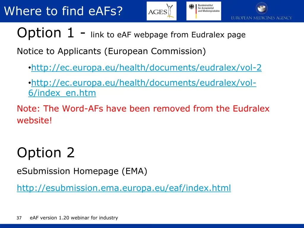 where to find eafs option 1 link to eaf webpage