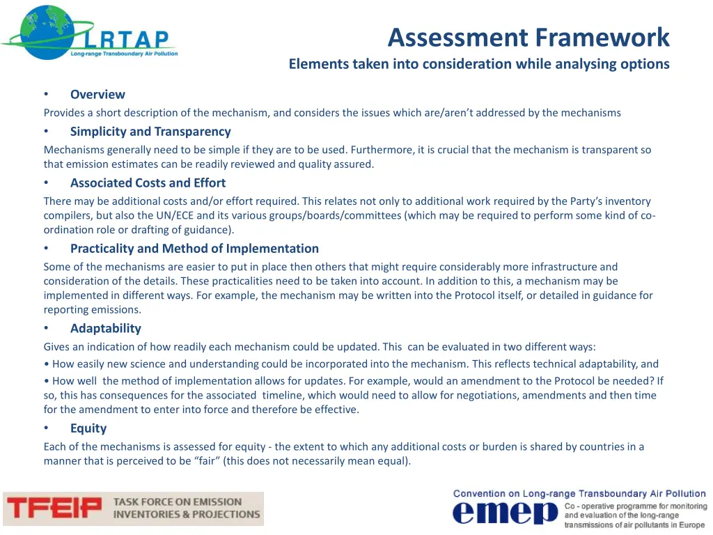 assessment framework elements taken into