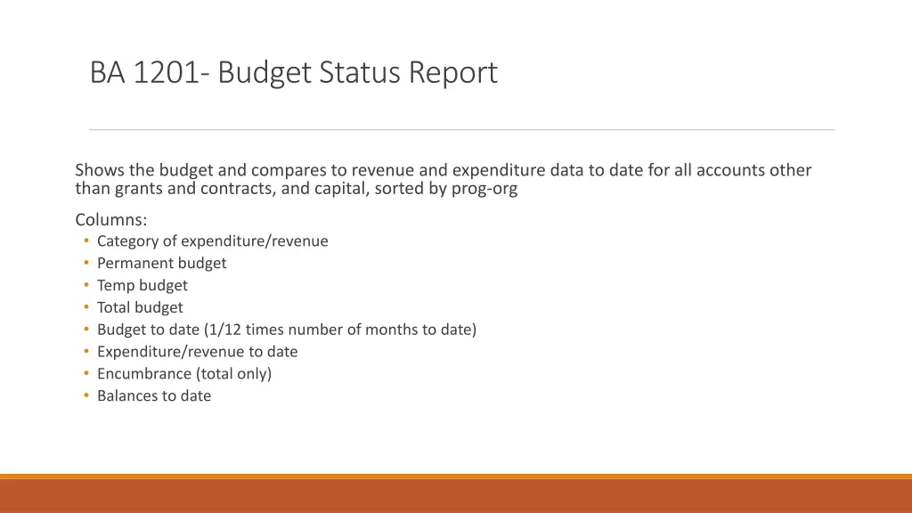 ba 1201 budget status report