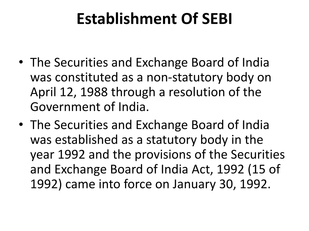 establishment of sebi