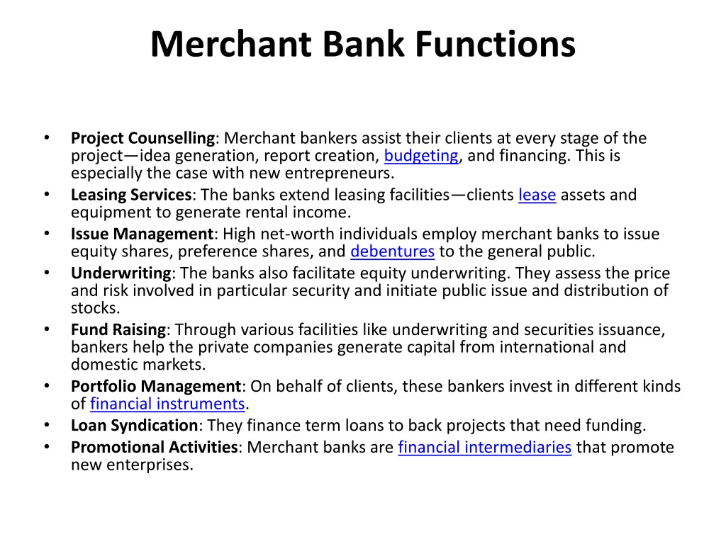 merchant bank functions