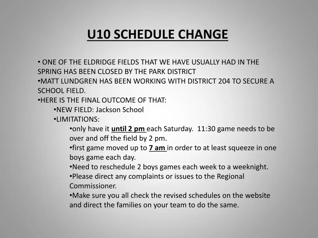 u10 schedule change