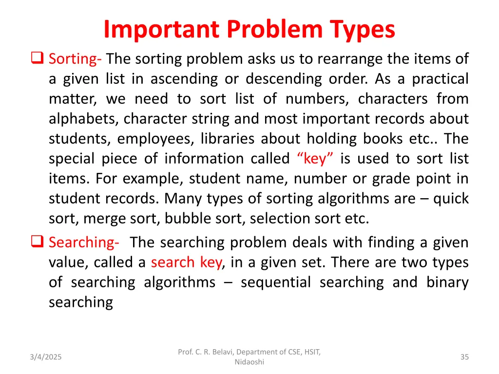 important problem types sorting the sorting