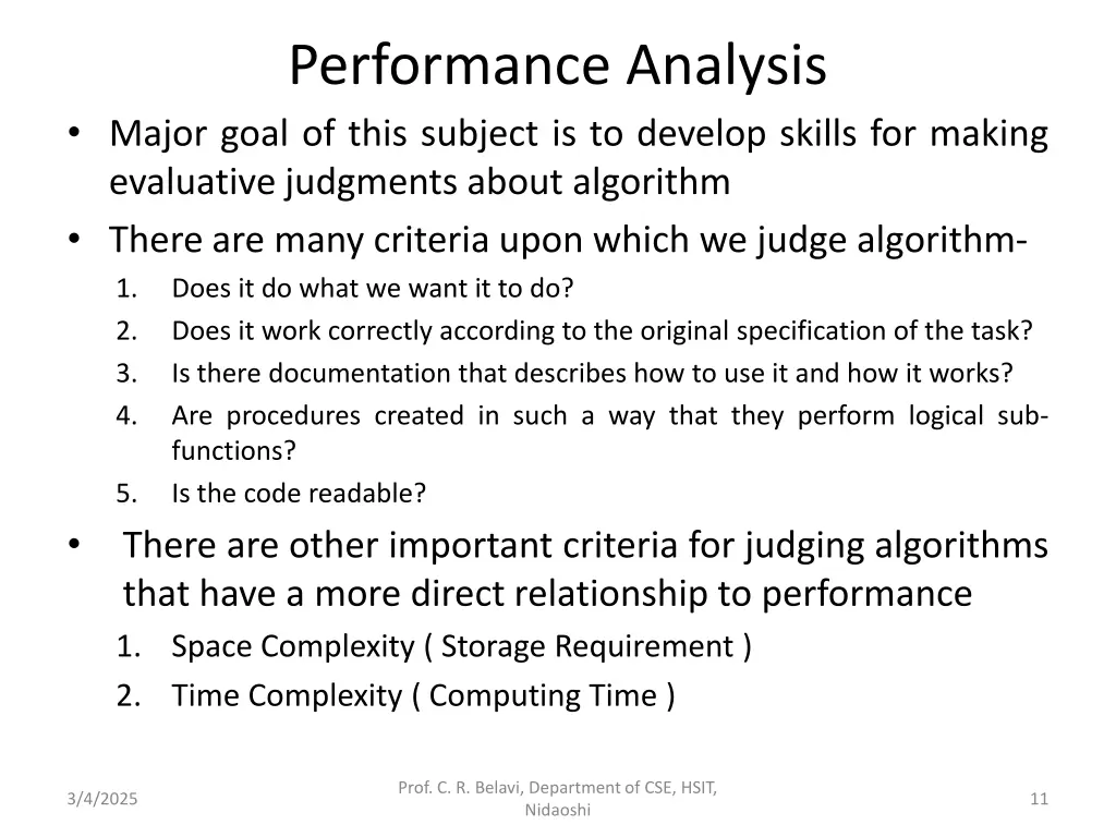 performance analysis major goal of this subject