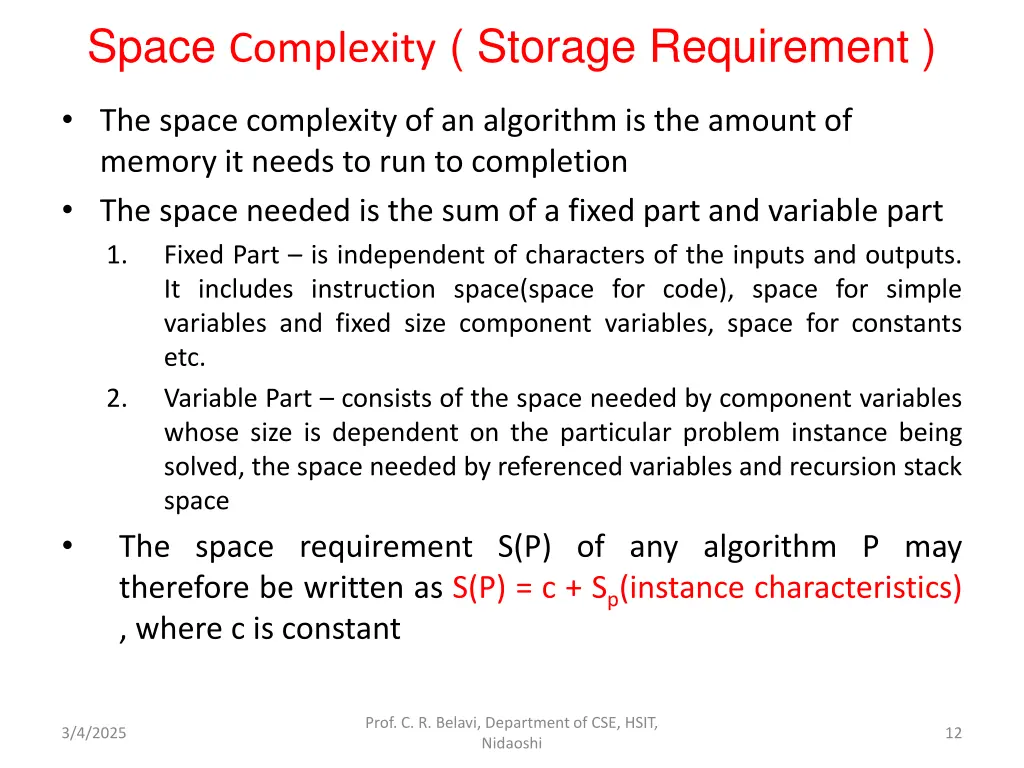 space complexity storage requirement