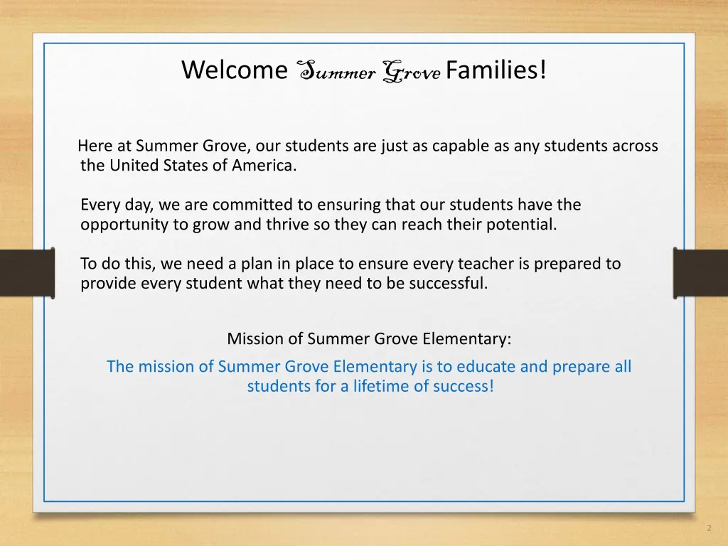 welcome summer grove families