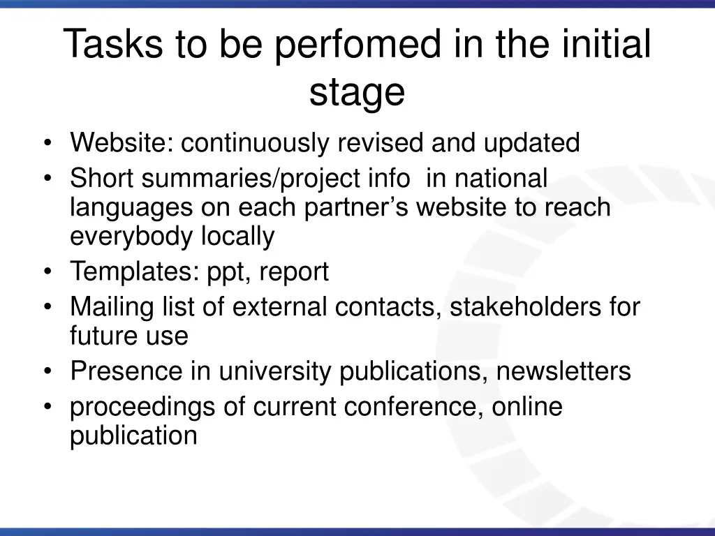 tasks to be perfomed in the initial stage website