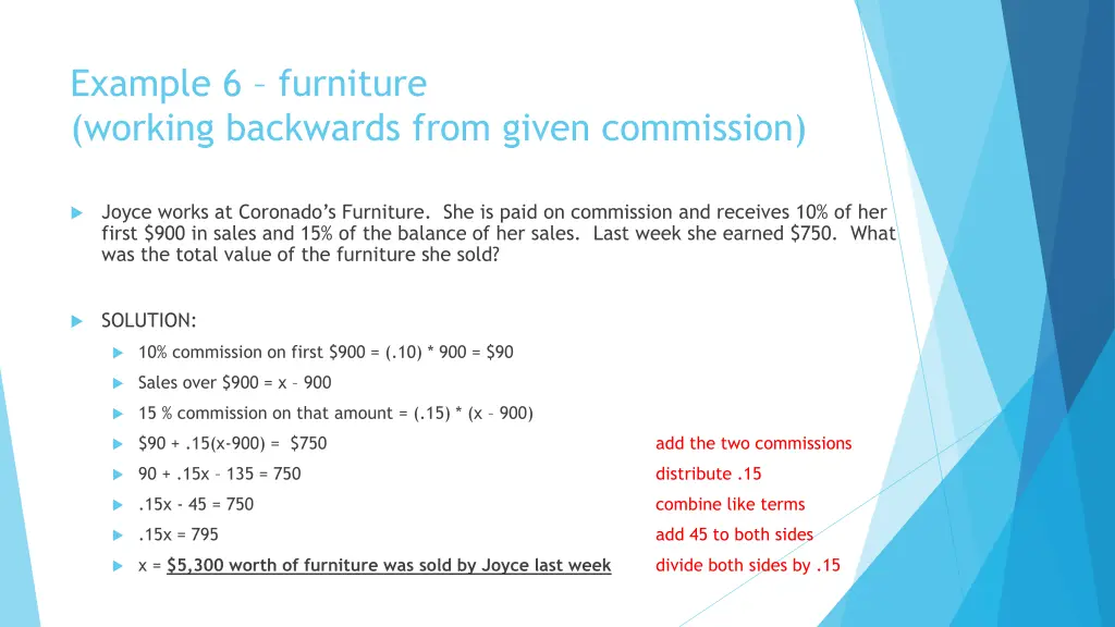 example 6 furniture working backwards from given