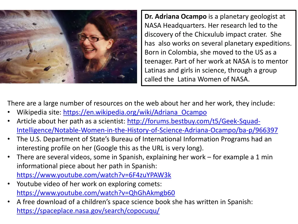 dr adriana ocampo is a planetary geologist