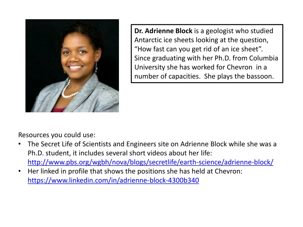 dr adrienne block is a geologist who studied
