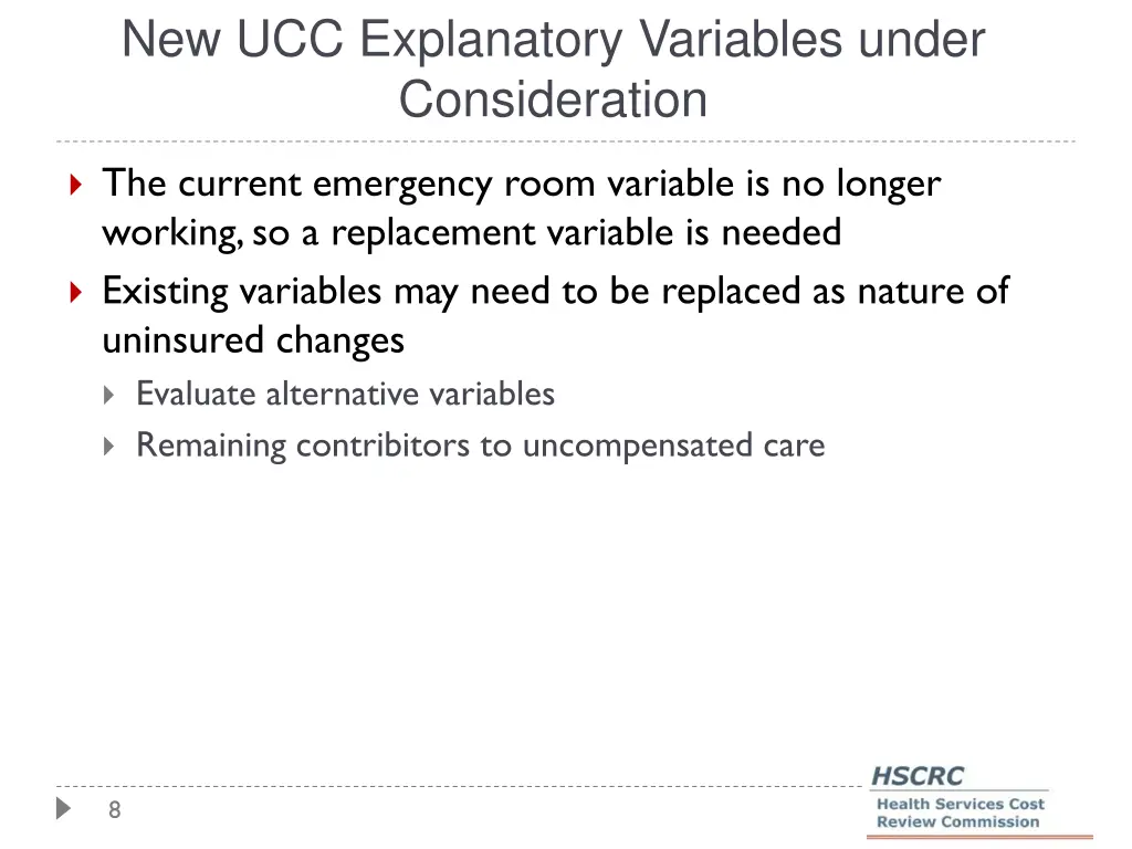 new ucc explanatory variables under consideration